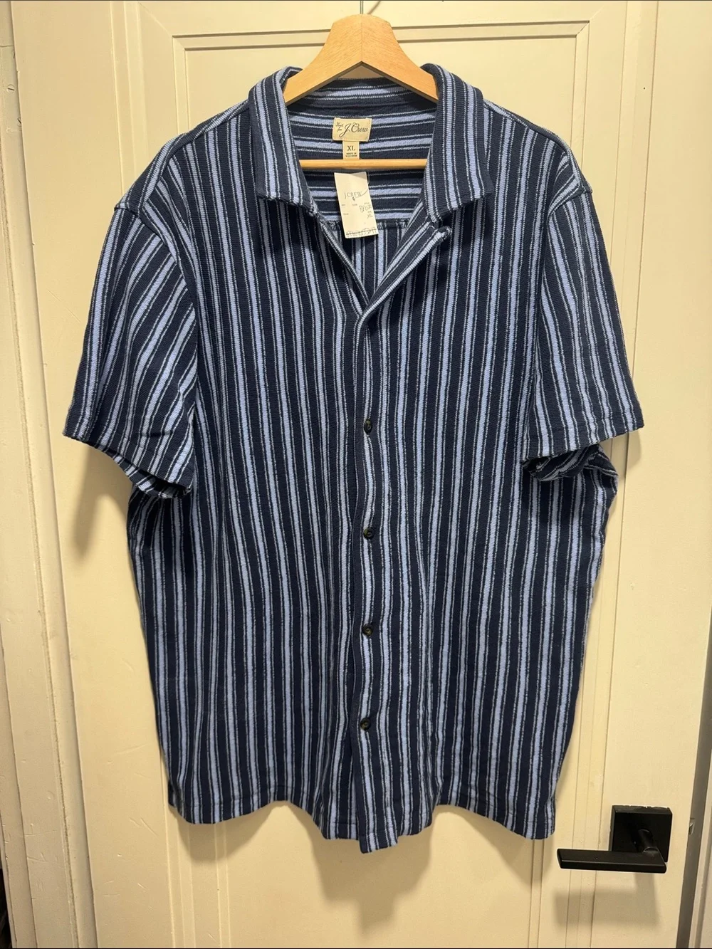 J Crew Blue Striped Short-Sleeve Button-Up Shirt Terry Like Material SZ XL BNWT